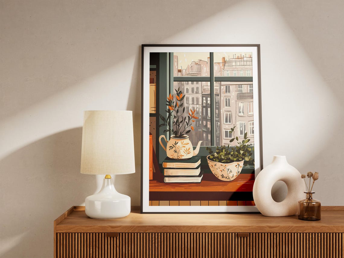 Teapot Planter Stacked Books City Window Botanical Still Life Poster - Image 5
