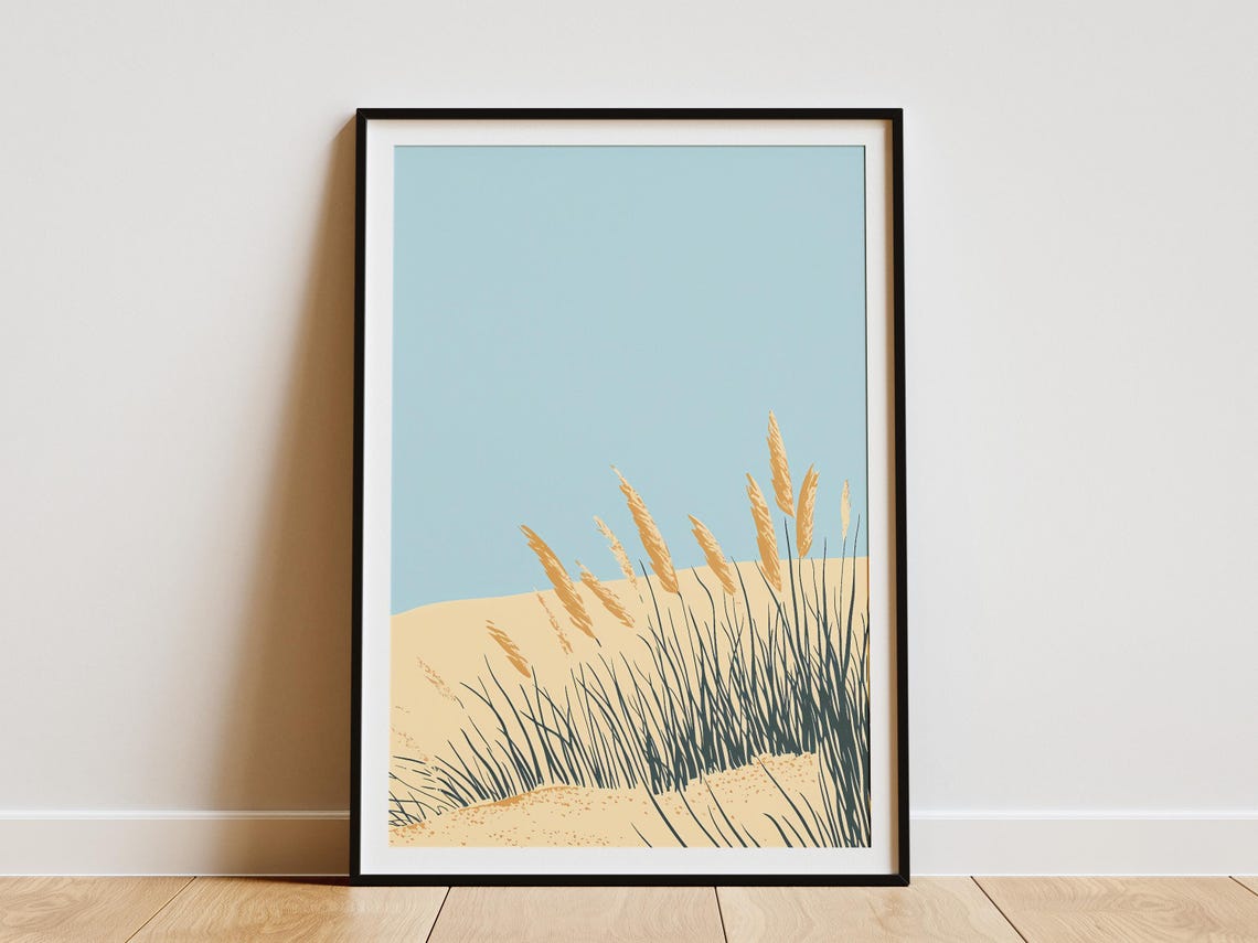 Golden Beach Grass on Sandy Dunes Under a Pale Blue Sky Poster