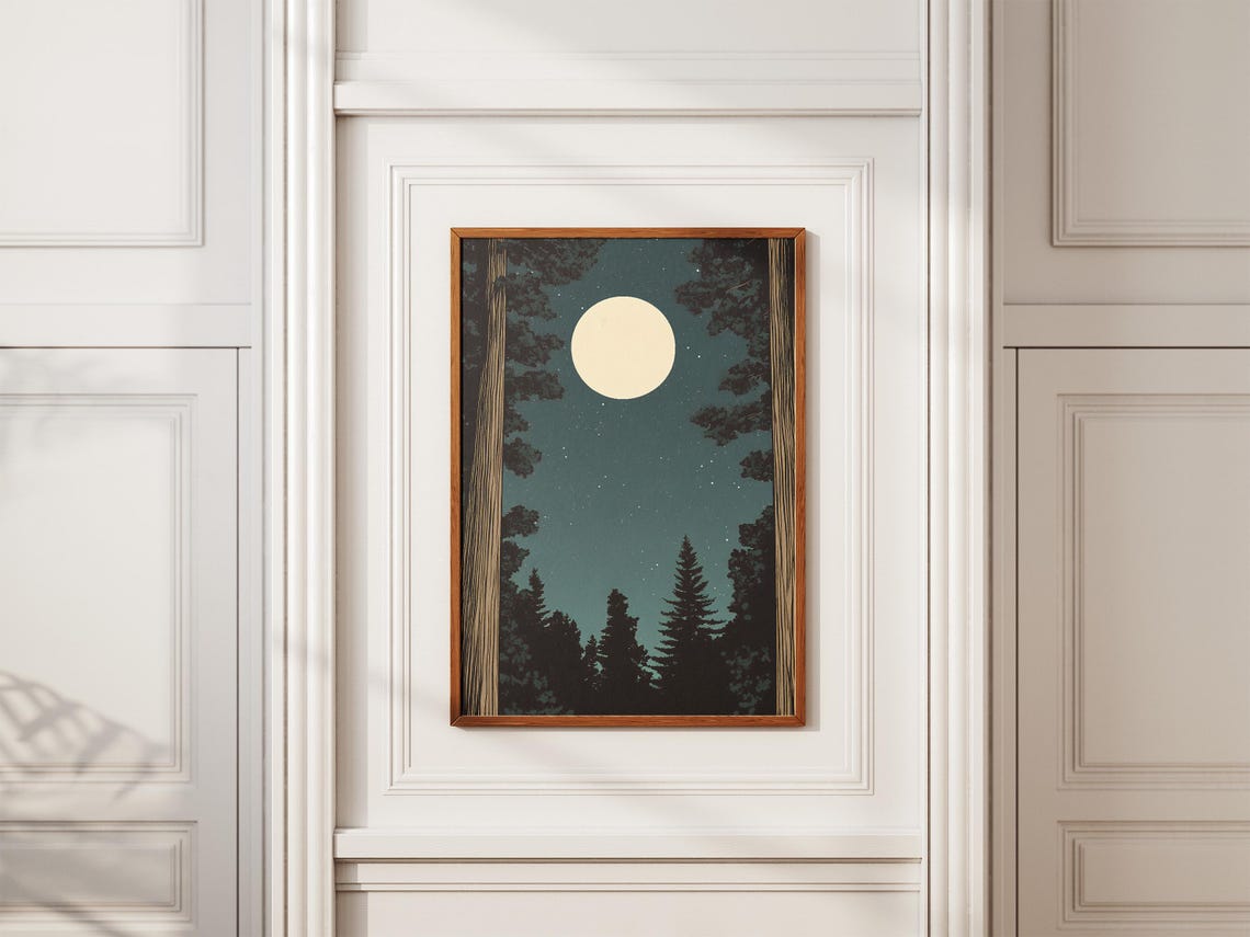 Redwood National Park Moon Between Towering Trees Night Sky Poster - Image 2