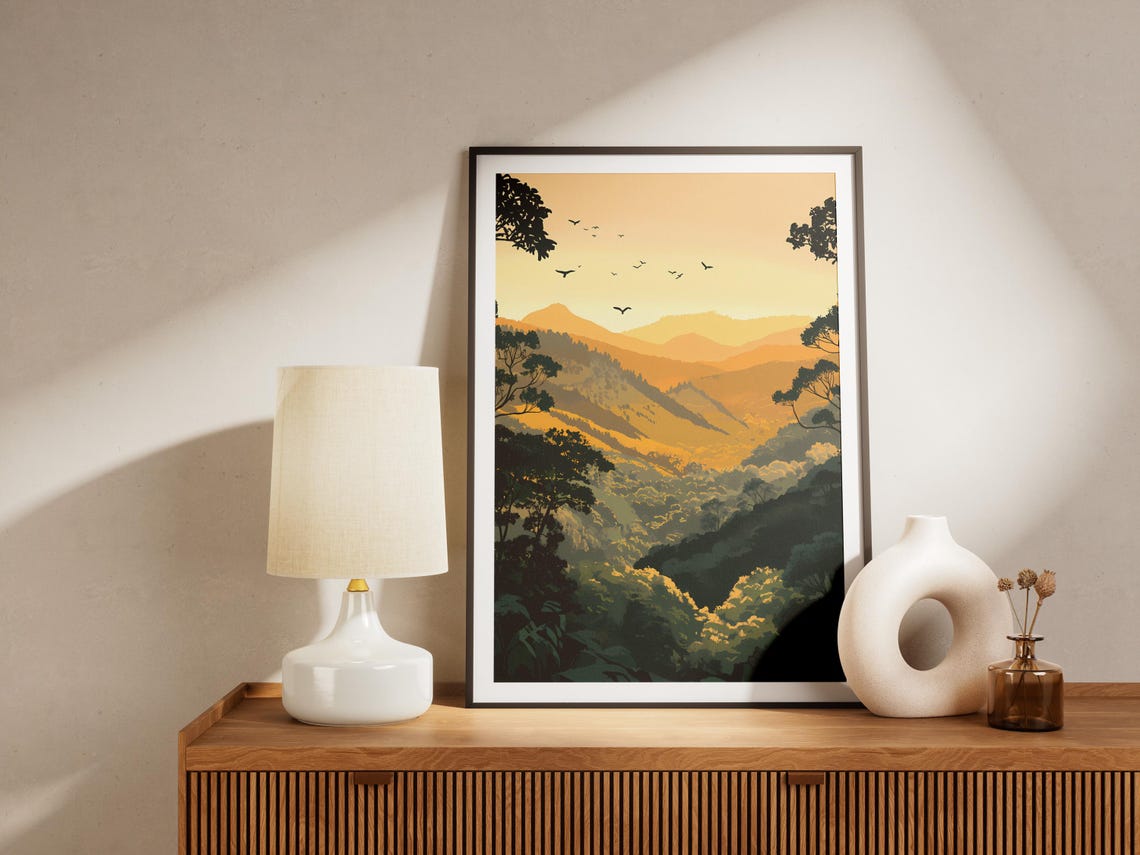 Warm Golden Mountain Valley Sunset Birds Retro Landscape Poster - Image 4