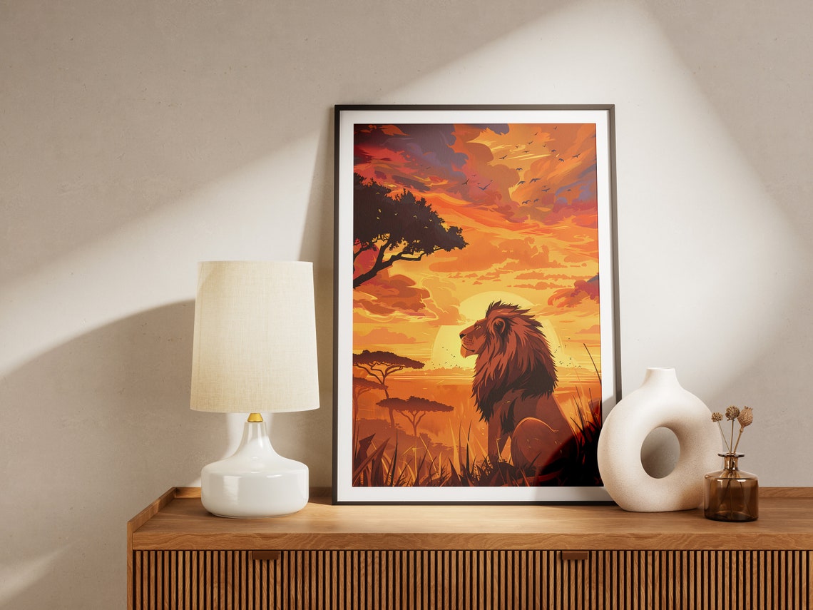 Lion Sunset African Savanna Wildlife Dramatic Orange Sky Poster - Image 2