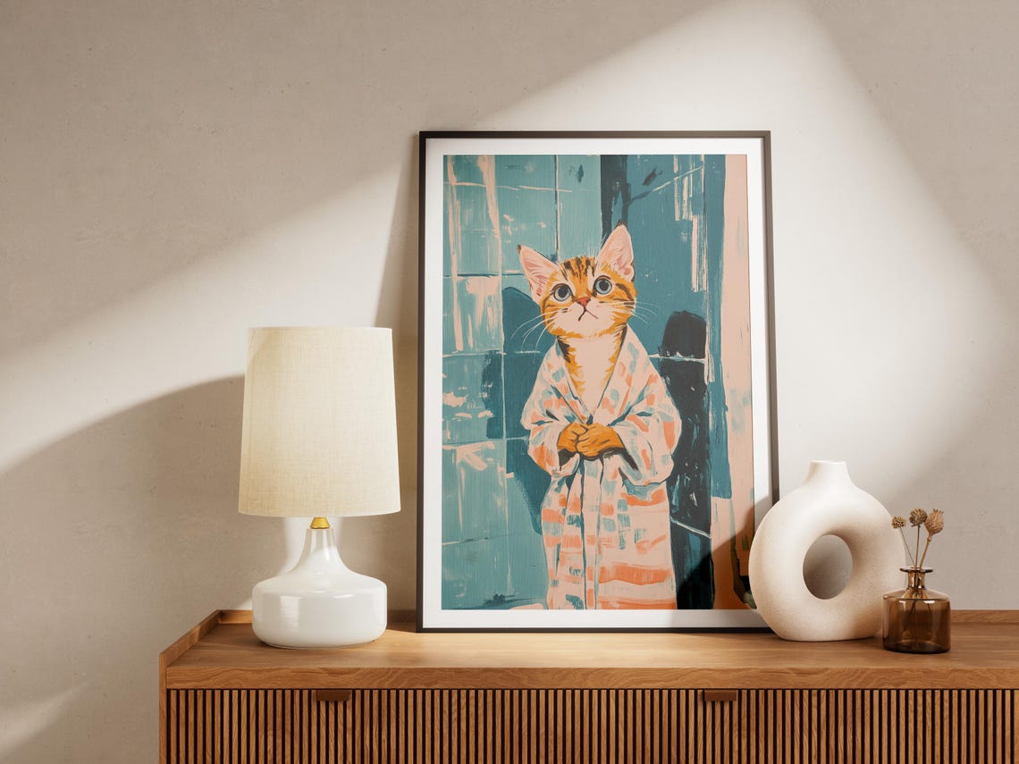Orange Tabby Kitten in Bathrobe Painterly Cute Cat Art Poster - Image 4