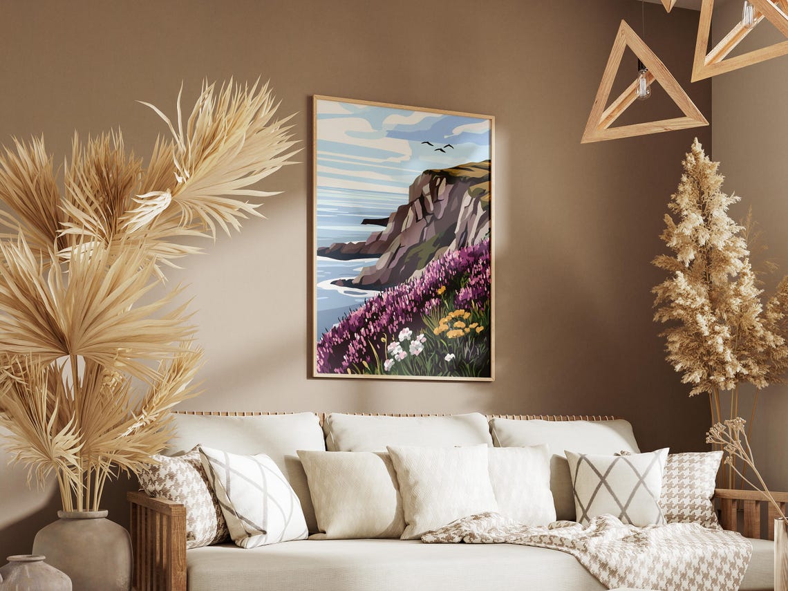 Purple Heather Cliff Overlooking the Ocean Coast Travel Art Poster - Image 3