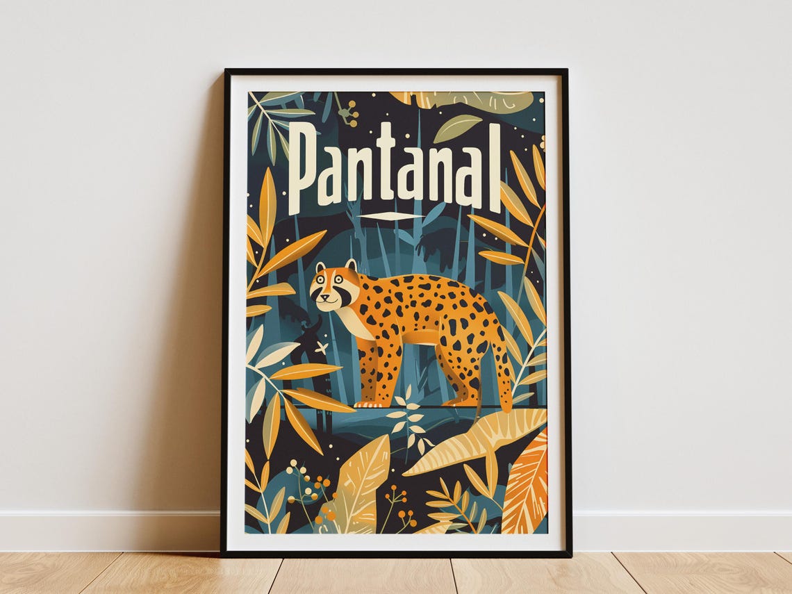 Pantanal Brazil Jaguar Jungle Night Botanical Vintage Travel Poster