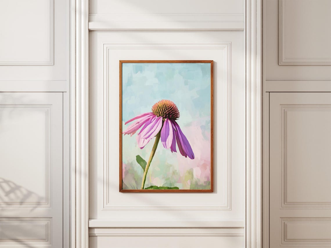 Purple Echinacea Coneflower Bloom On Pastel Blue Floral Poster - Image 2