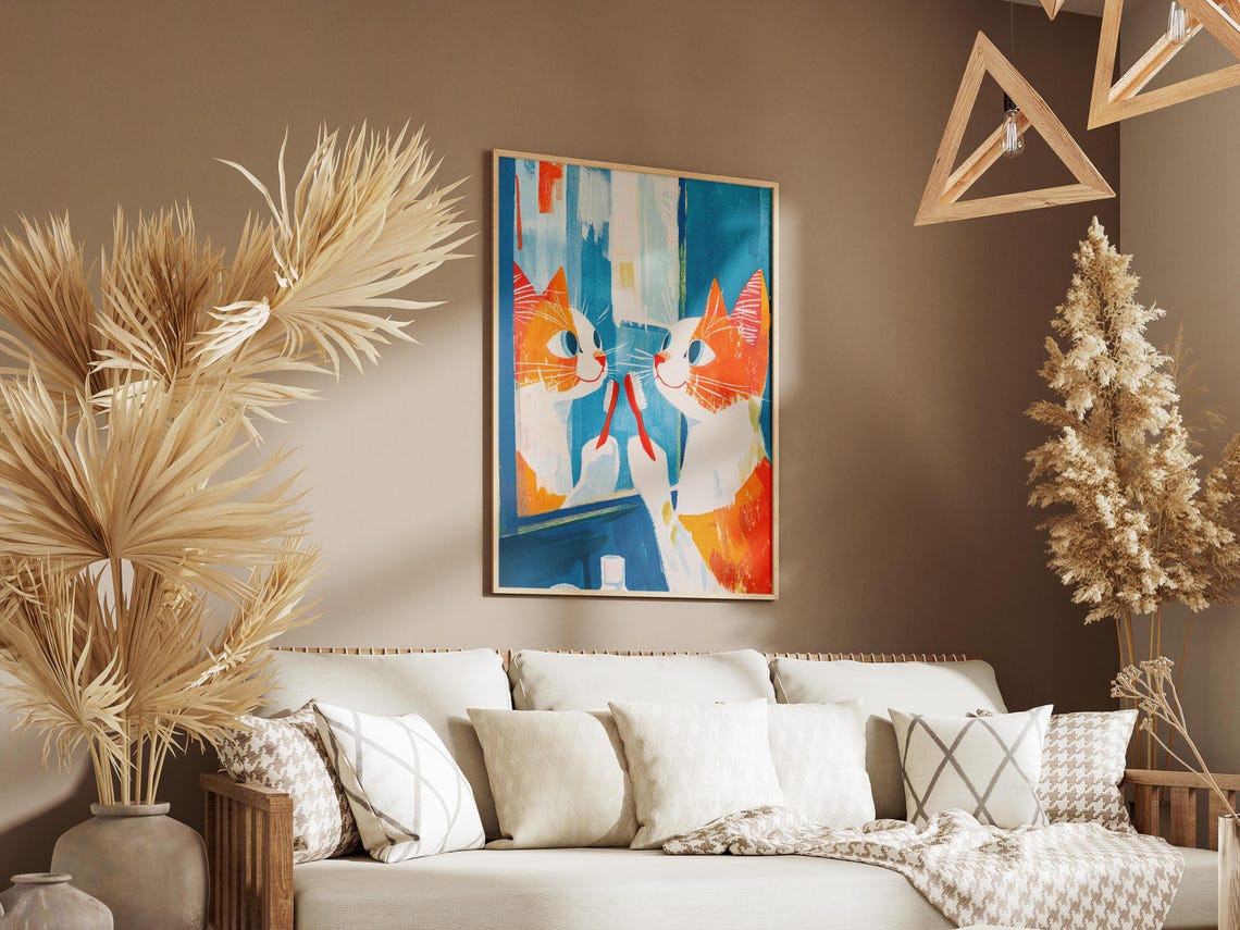Orange Cat Brushing Teeth at Mirror Blue Bathroom Funny Cat Poster - Image 3