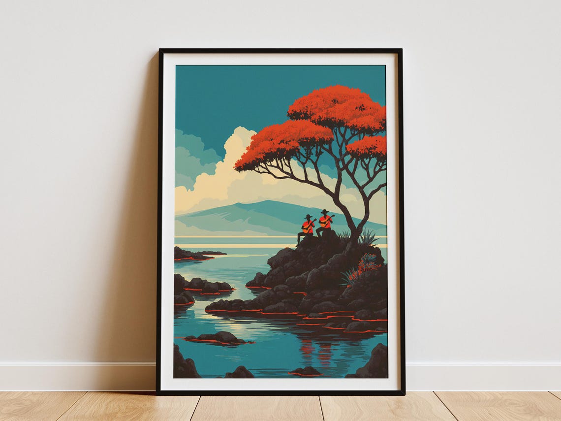 Vintage Guitarists Red Tree Rocky Coast Ocean Travel Sunset Poster