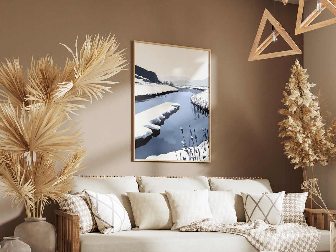 Minimalist Snow Covered Winter River Landscape Blue Hues Poster - Image 3