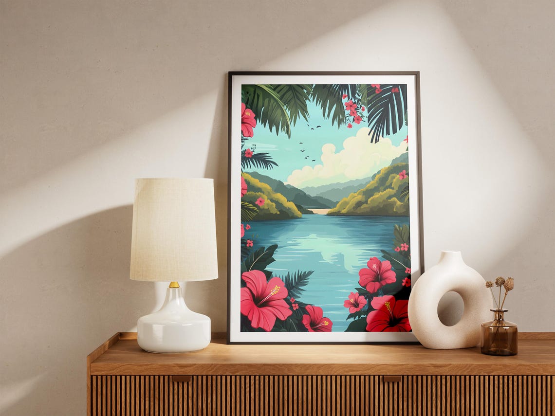 Hibiscus Lake Tropical Pink Flower Framed Lagoon View Poster - Image 5