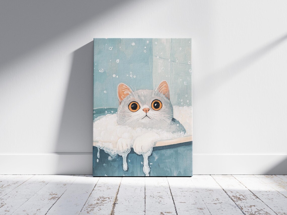 White Kitten in Bubble Bath Big Amber Eyes Cute Cat Art Poster - Image 2