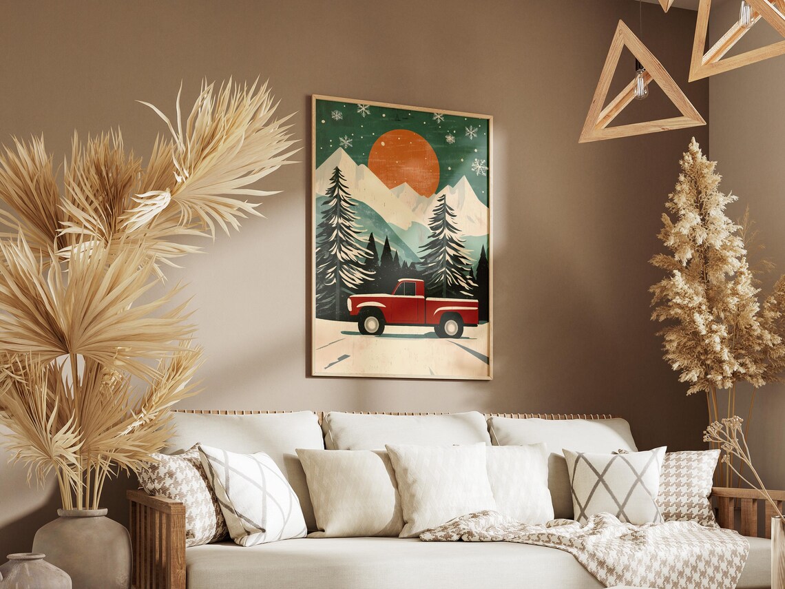 Red Vintage Truck in Snowy Mountains Winter Sunset Retro Art Poster - Image 3