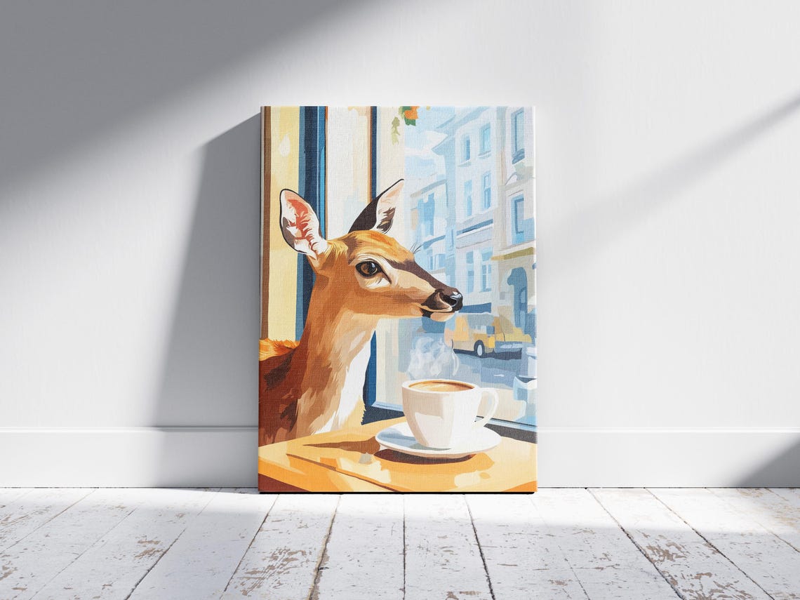 Deer with a Steaming Coffee Gazing Out a City Cafe Window Poster - Image 2