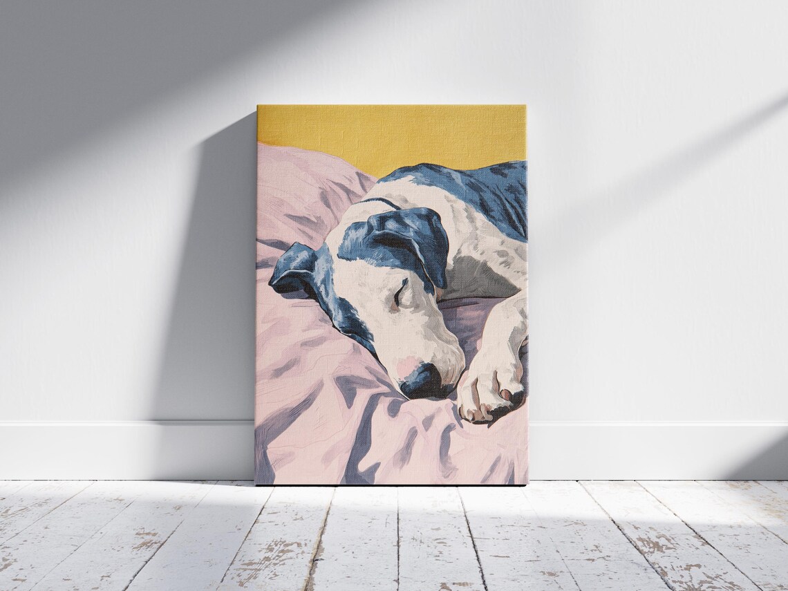 Great Dane Sleeping on a Pink Pillow Against a Mustard Yellow Art Poster - Image 2