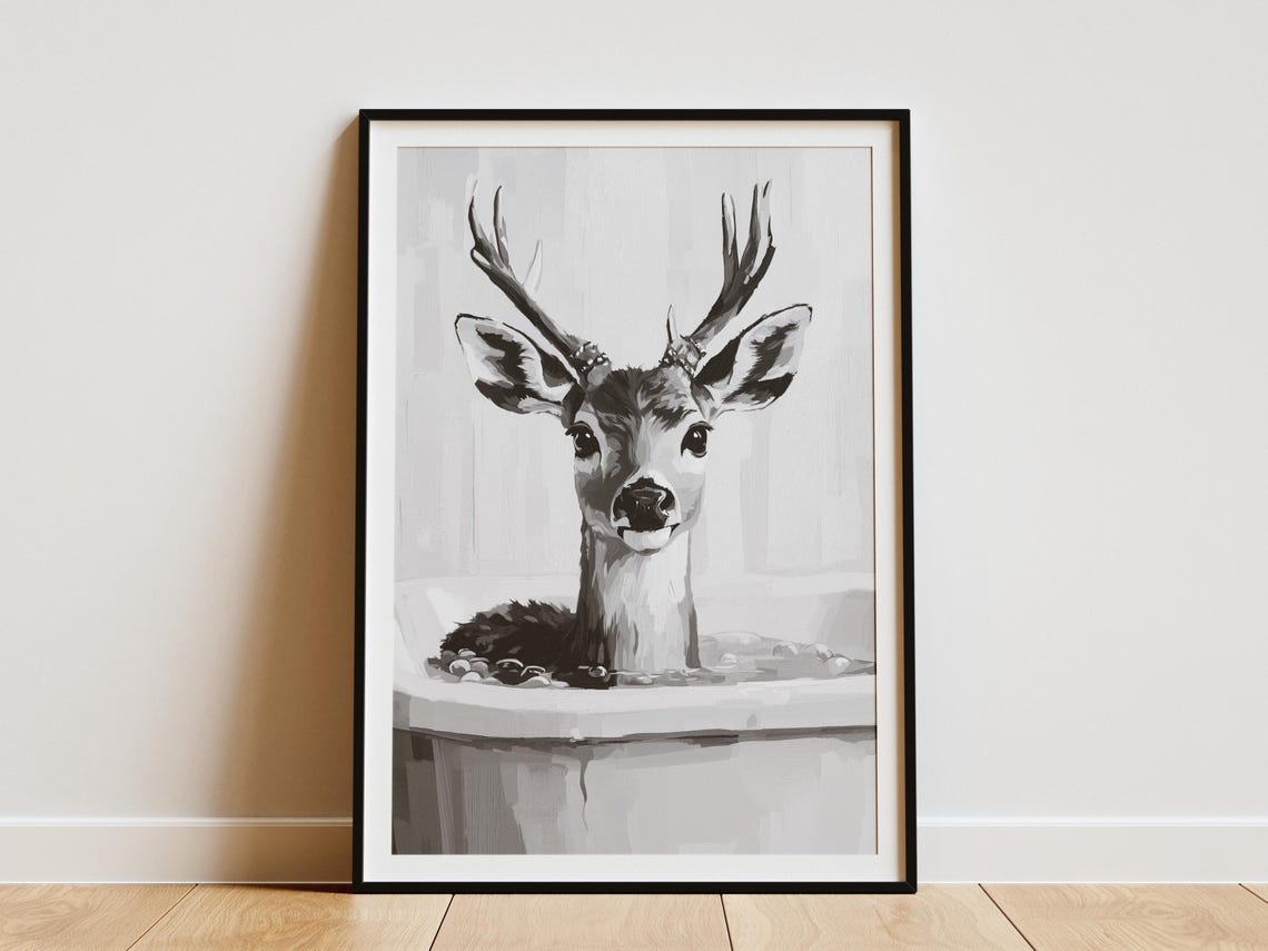 Deer In Bathtub Bubble Bath Poster Print Minimalist Animal Art Bathroom Wall Decor Funny Unique Home Whimsical