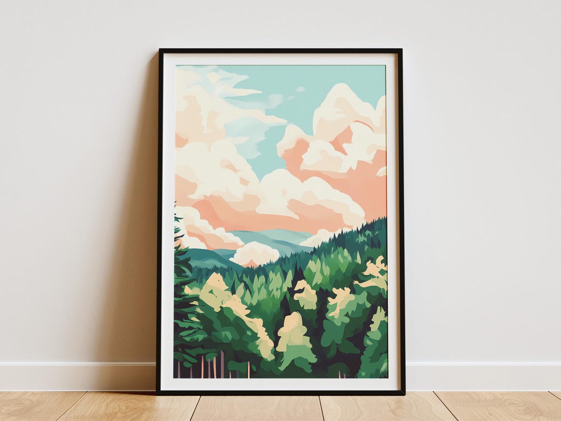 Serene Dreamy Pine Forest Beneath Pastel Peach Cloudscape Poster