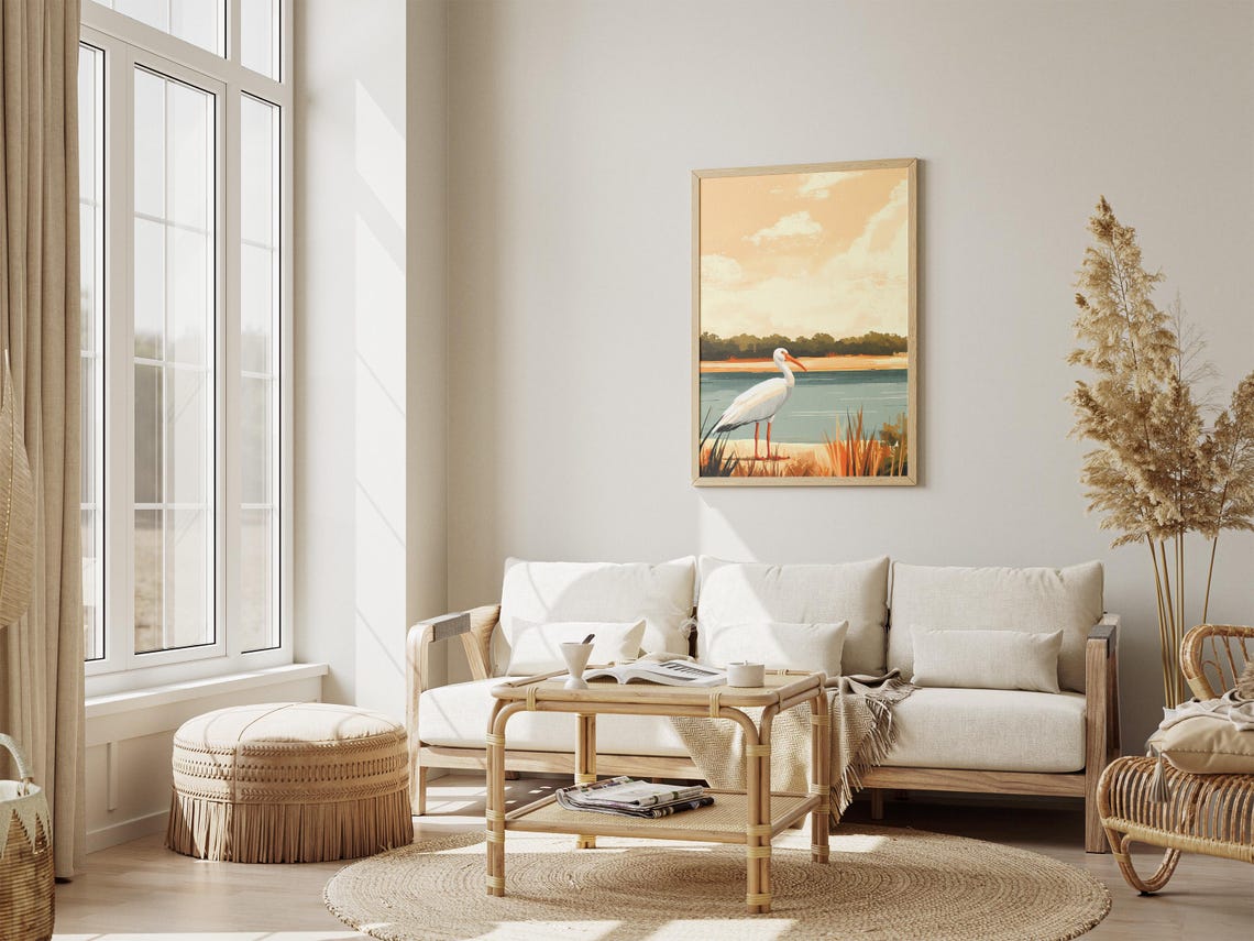White Ibis Wading at a River Estuary Coastal Bird Art Poster - Image 4