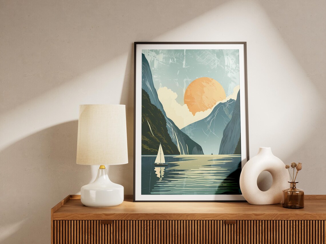 Milford Sound New Zealand Golden Sailboat Fjord Sunset Poster - Image 2