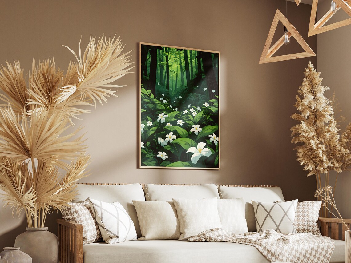 White Trillium Flowers Sunlit Forest Glade Fresh Flower Poster - Image 3