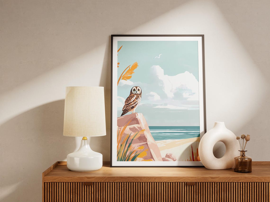 Short-Eared Owl on a Beach Rock with Ocean View Coastal Bird Poster - Image 5