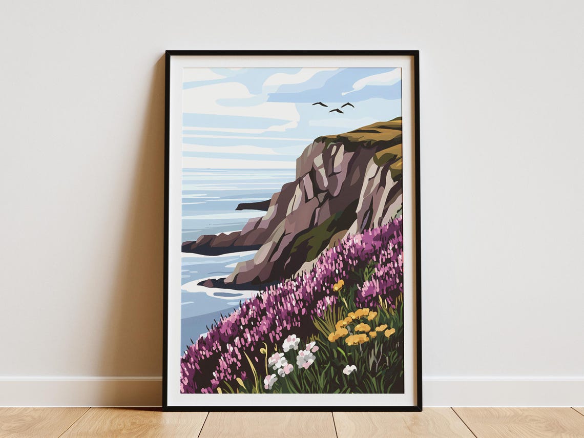 Purple Heather Cliff Overlooking the Ocean Coast Travel Art Poster