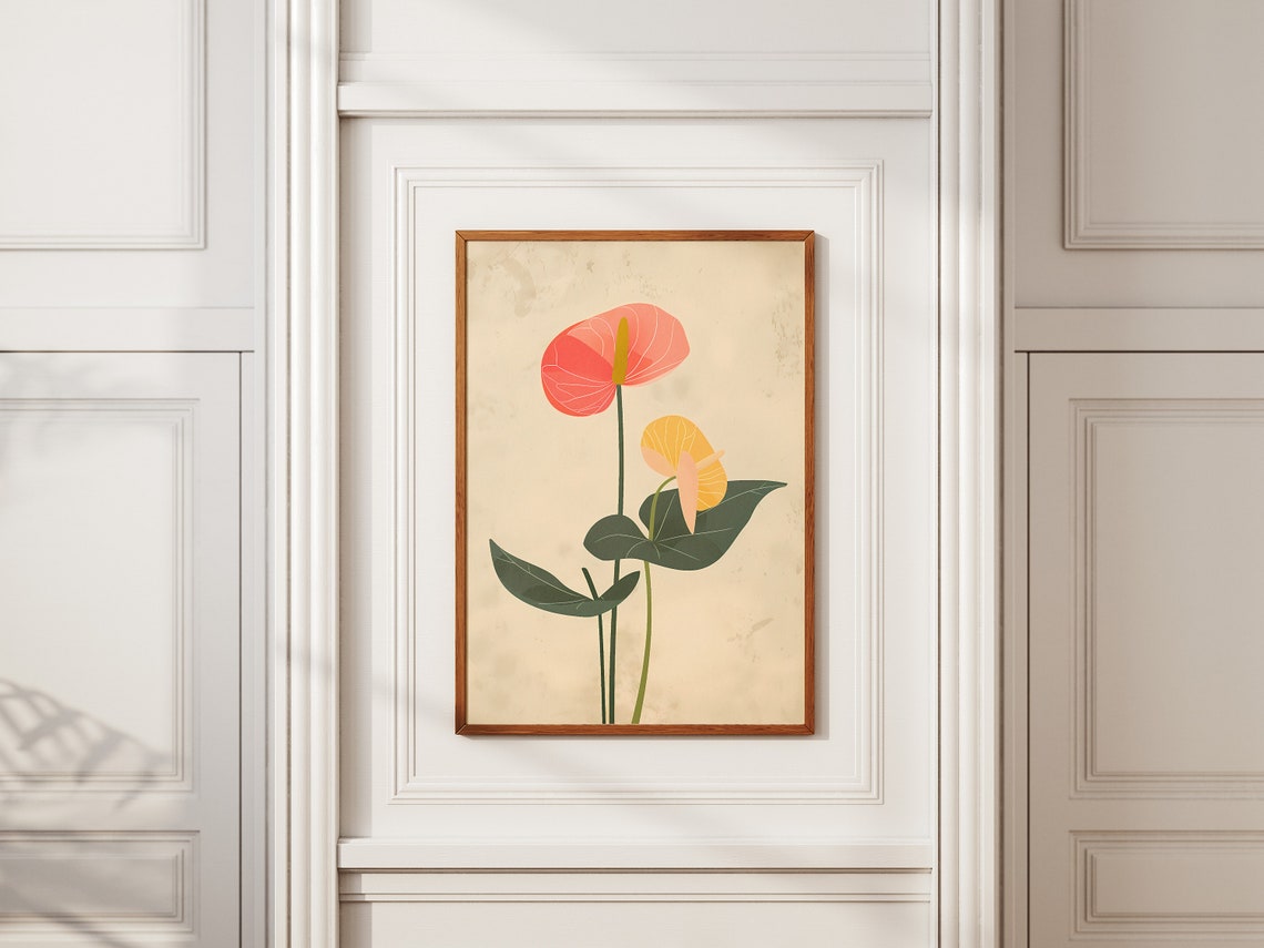 Minimalist Anthurium Coral Yellow Flower Botanical Illustration Print - Image 2