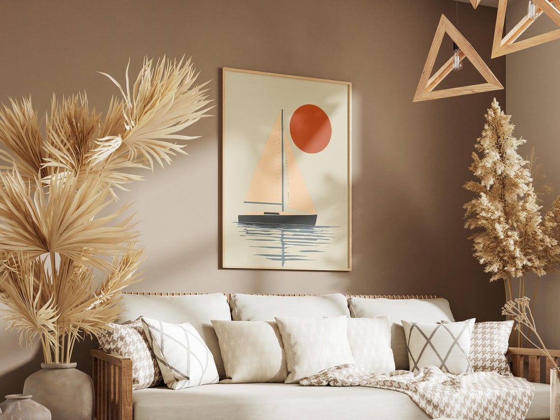 Minimalist Sailboat Drifting Under a Burnt Orange Sun Nautical Poster - Image 3
