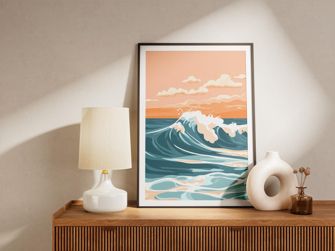 Big Blue Ocean Wave Crashing Under an Orange Sunset Sky Poster - Image 5