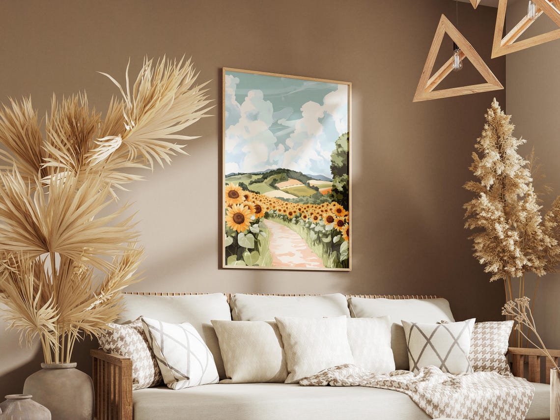 Sunflower Field Path Through Rolling Green Hills Summer Poster - Image 3
