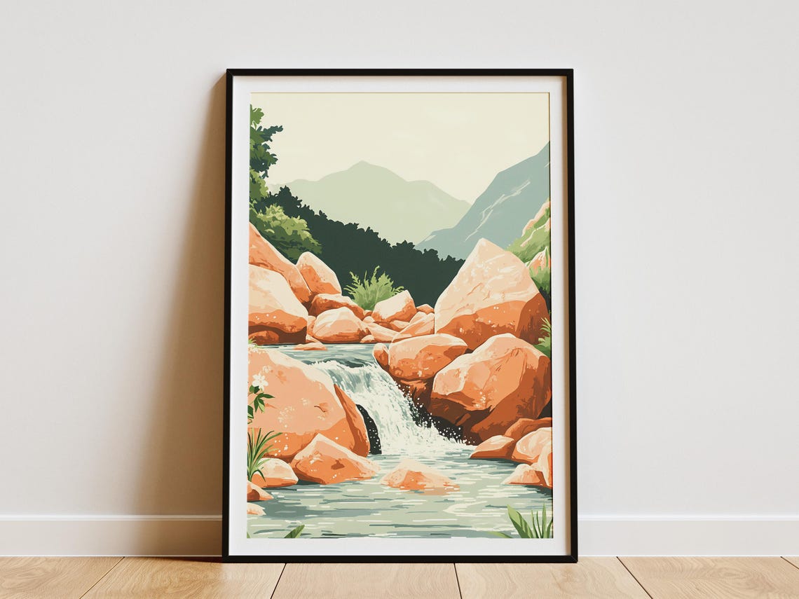 Mountain Stream Rushing Through Giant Orange Rocks Nature Poster