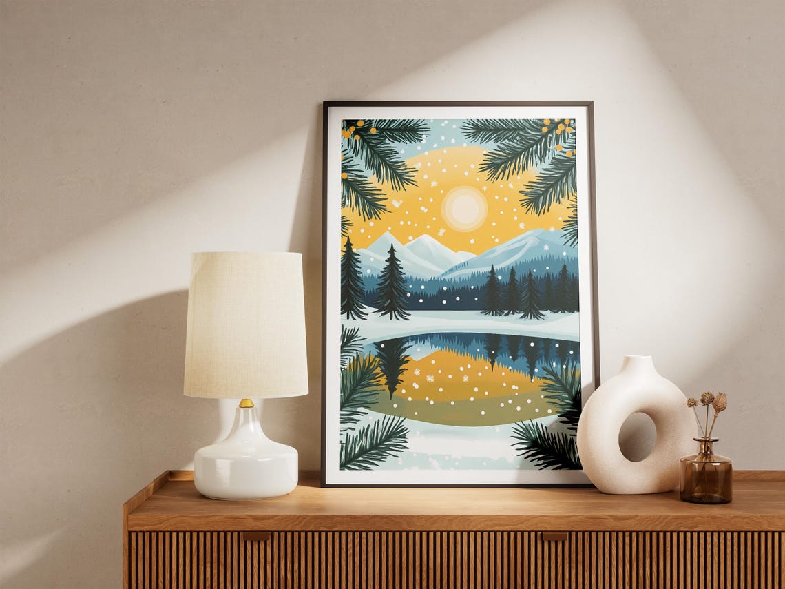 Golden Winter Sky Over a Snowy Lake Framed by Pine Boughs Poster - Image 5