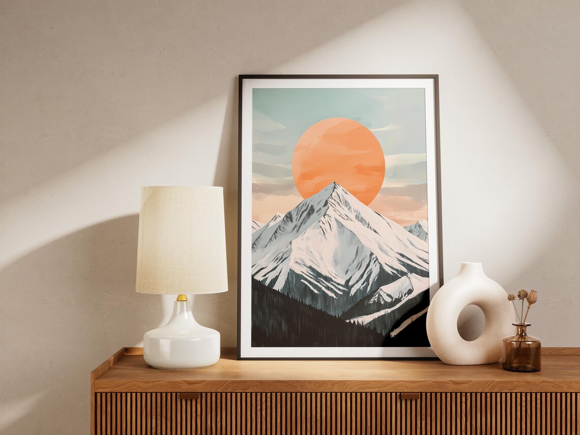 Giant Orange Sun Behind Snow Capped Mountain Peak Scenic Poster - Image 5