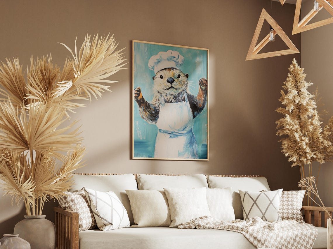 Joyful Otter Chef In White Apron Paws Raised On Teal Background Poster - Image 3