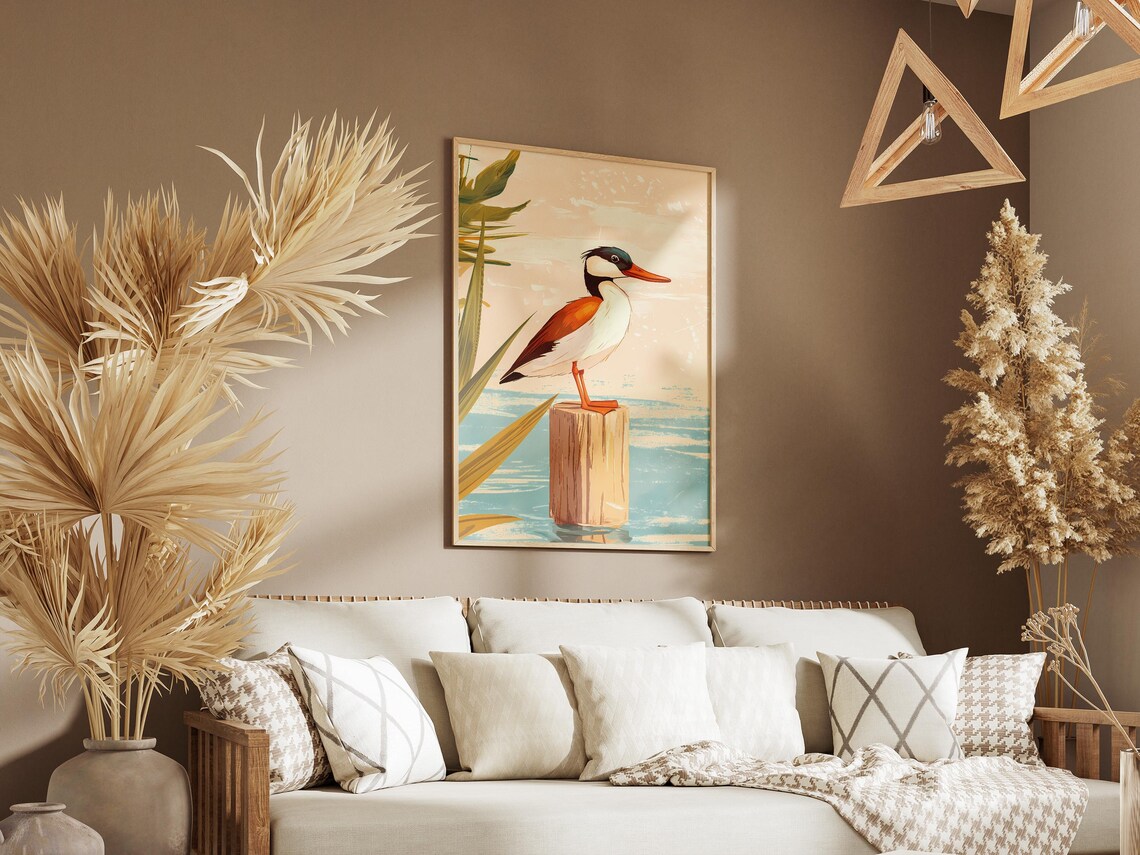 Hooded Merganser on a Piling in a Calm Bay Duck Illustration Poster - Image 3