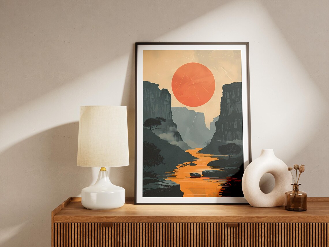 African Canyon River Golden Sunset Big Orange Sun Art Poster - Image 2