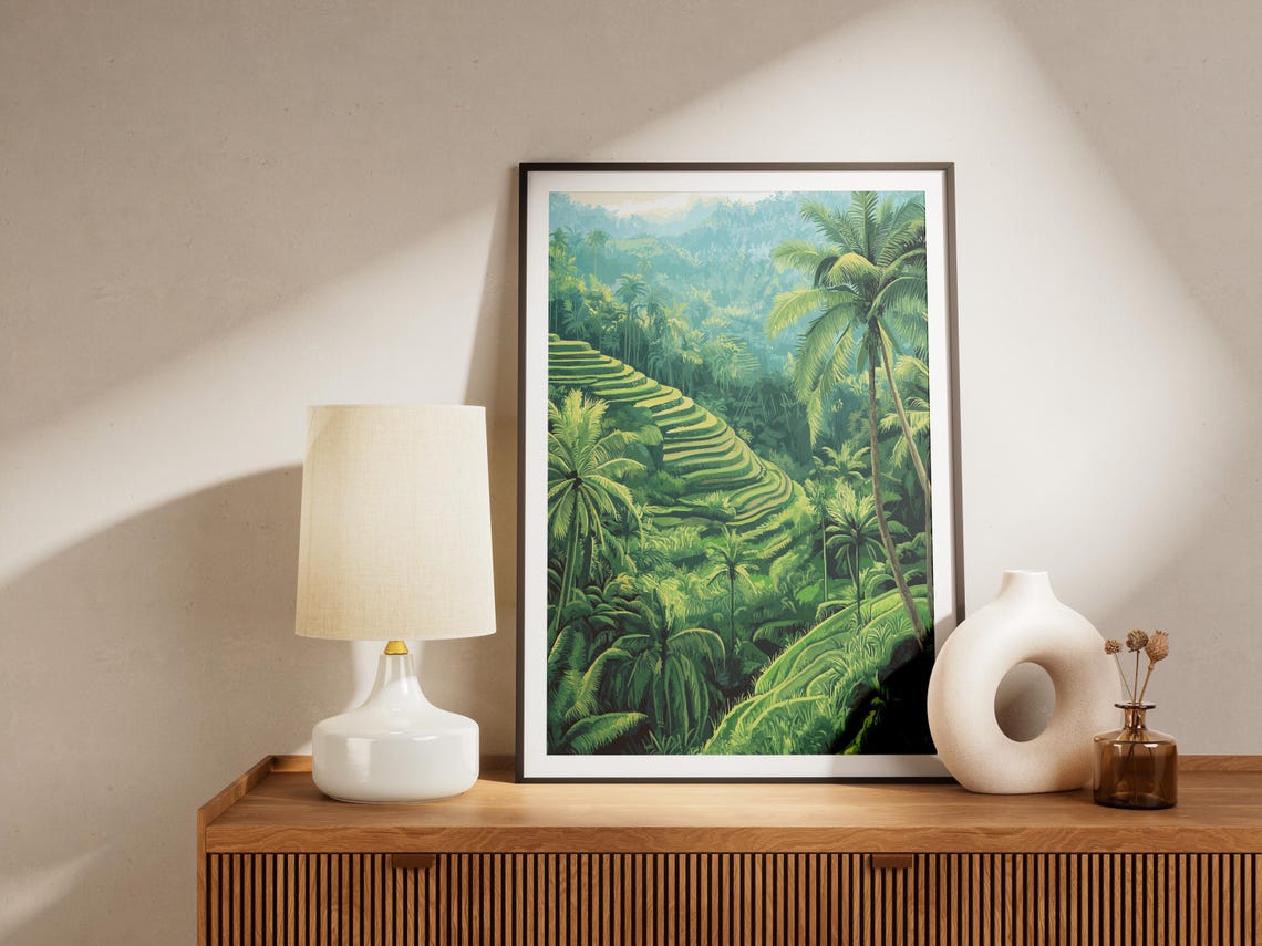 Lush Green Rice Terraces Tall Palm Trees Jungle Landscape Poster - Image 4