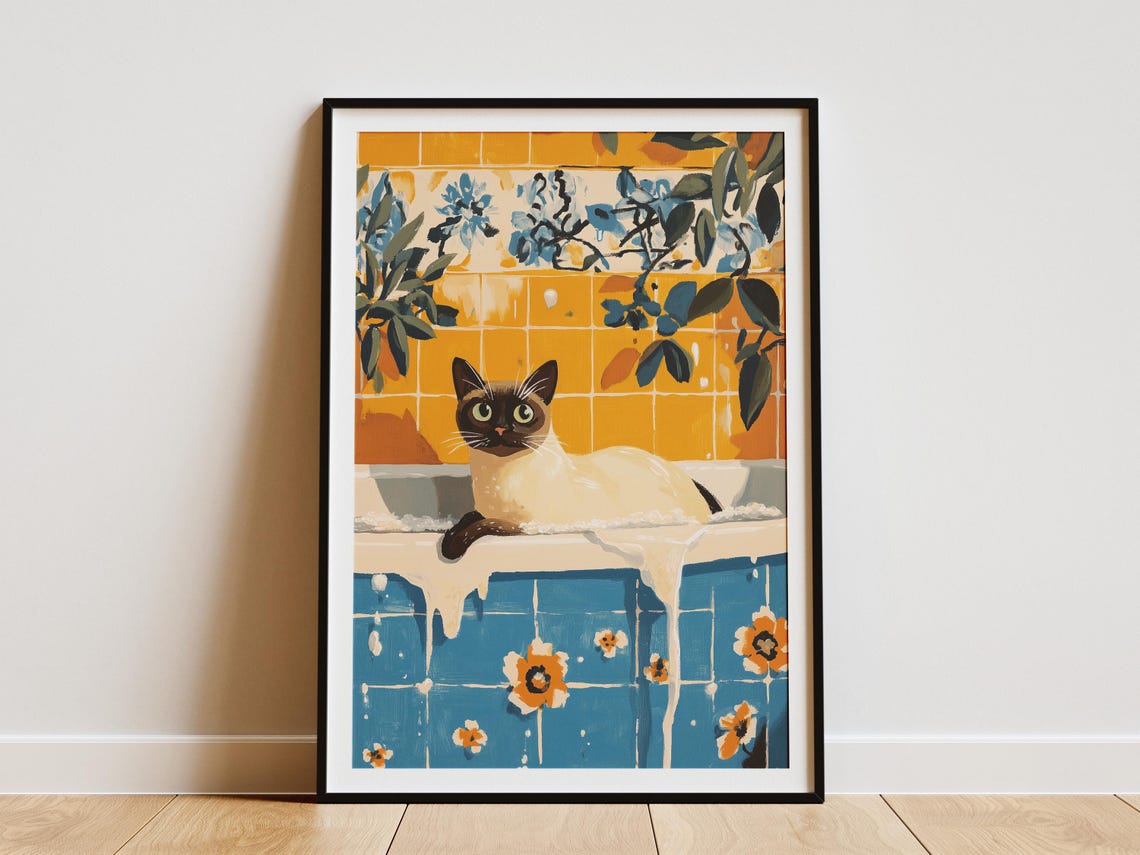 Siamese Cat on Bathtub Edge Floral Tile Retro Bathroom Cat Poster