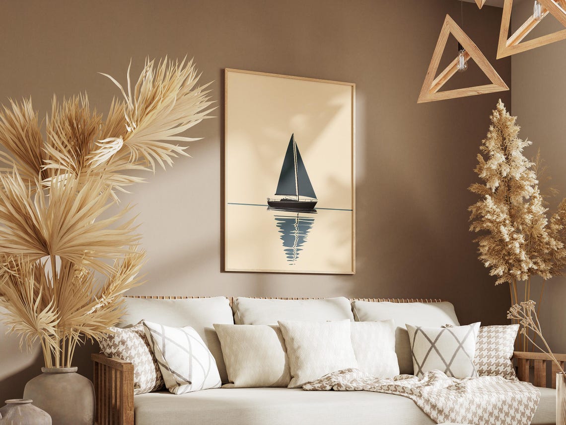 Minimalist Navy Sailboat on Calm Water Poster in Beige Tones - Image 3