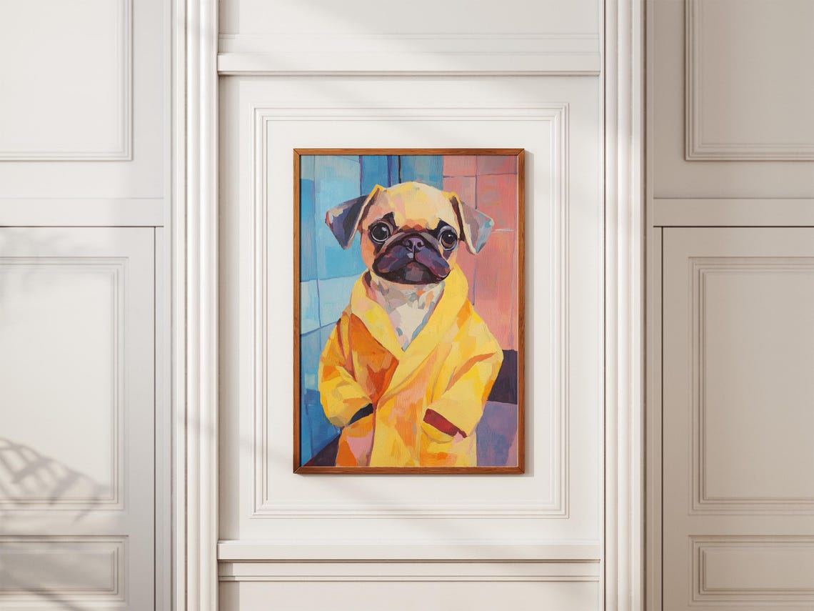 Pug Puppy in Yellow Bathrobe Expressive Portrait Bath Art Poster - Image 2