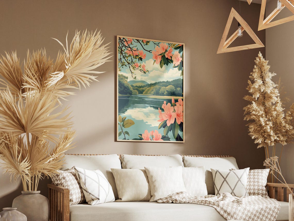 Pink Azalea Blossoms Framing a Lake View Poster With Calm Water - Image 3