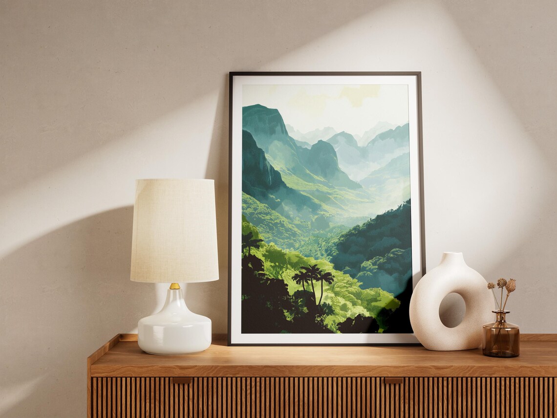 Lush Green Mountain Valley With Mist And Palm Trees Scenic Poster - Image 4