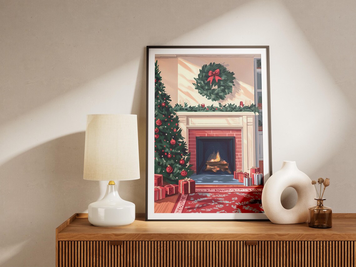 Cozy Christmas Fireplace Scene Poster with Tree Wreath and Gifts - Image 5