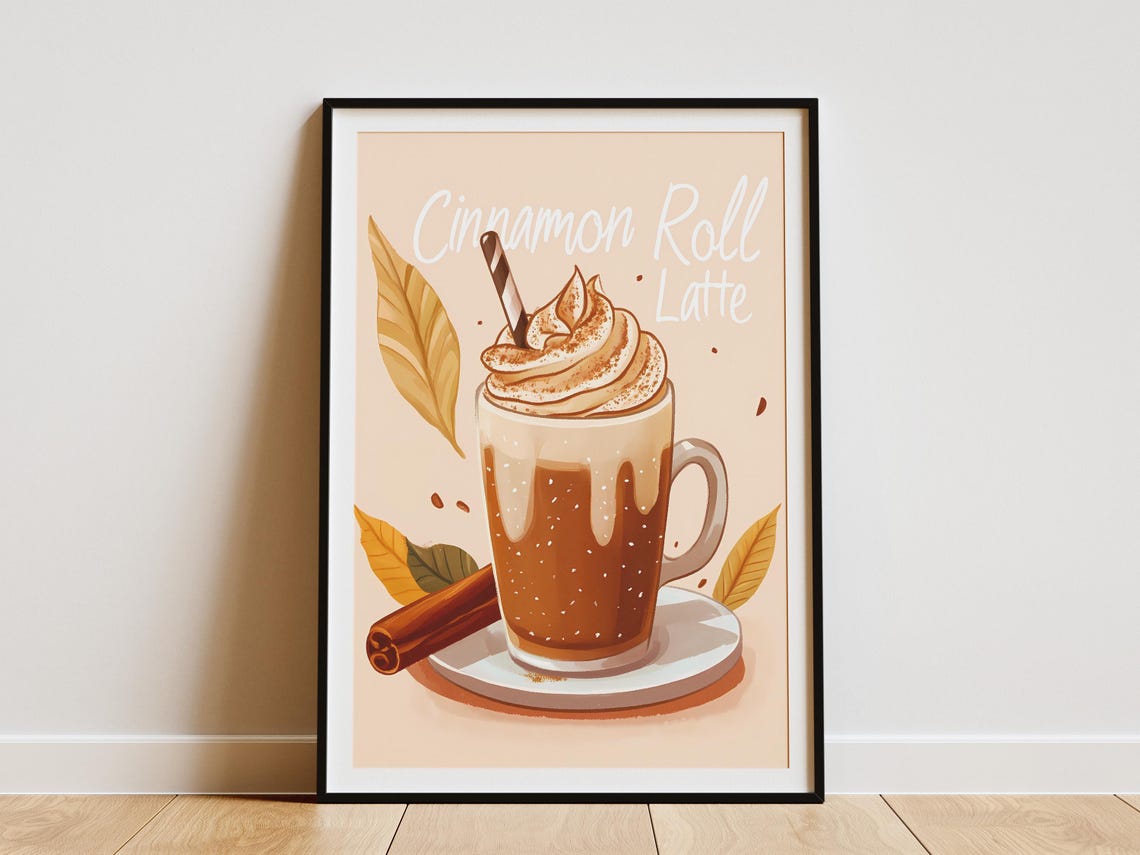 Cinnamon Roll Latte Autumn Leaves Fall Spice Cozy Cafe Poster