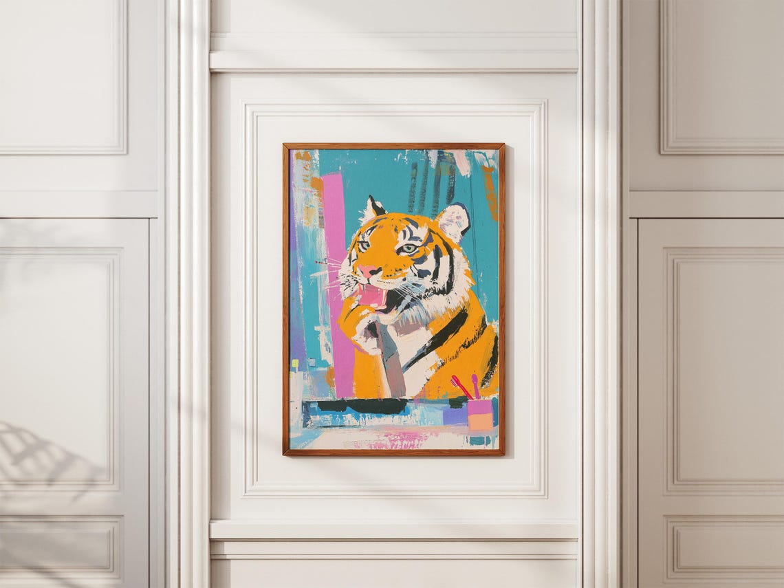 Tiger Brushing Teeth Colorful Abstract Pastel Bathroom Poster - Image 2