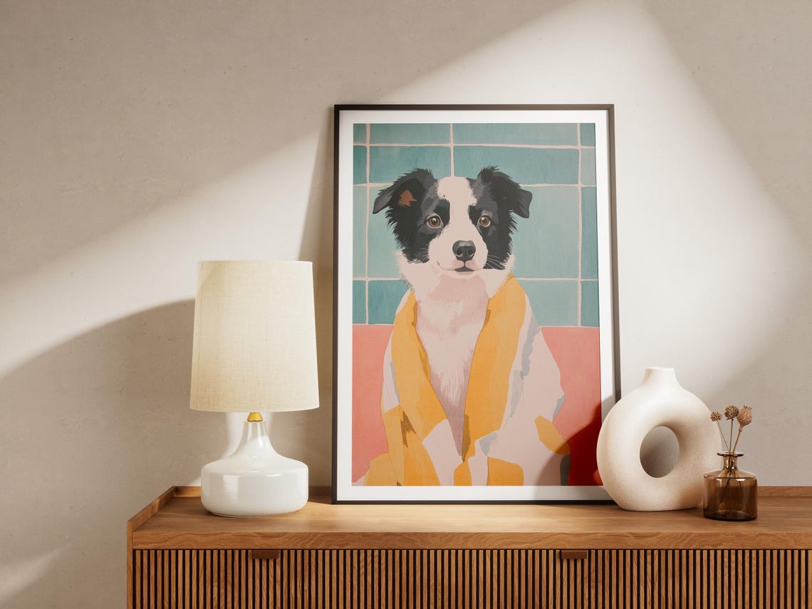Border Collie Puppy in Sunny Yellow Robe Cute Dog Art Poster - Image 4