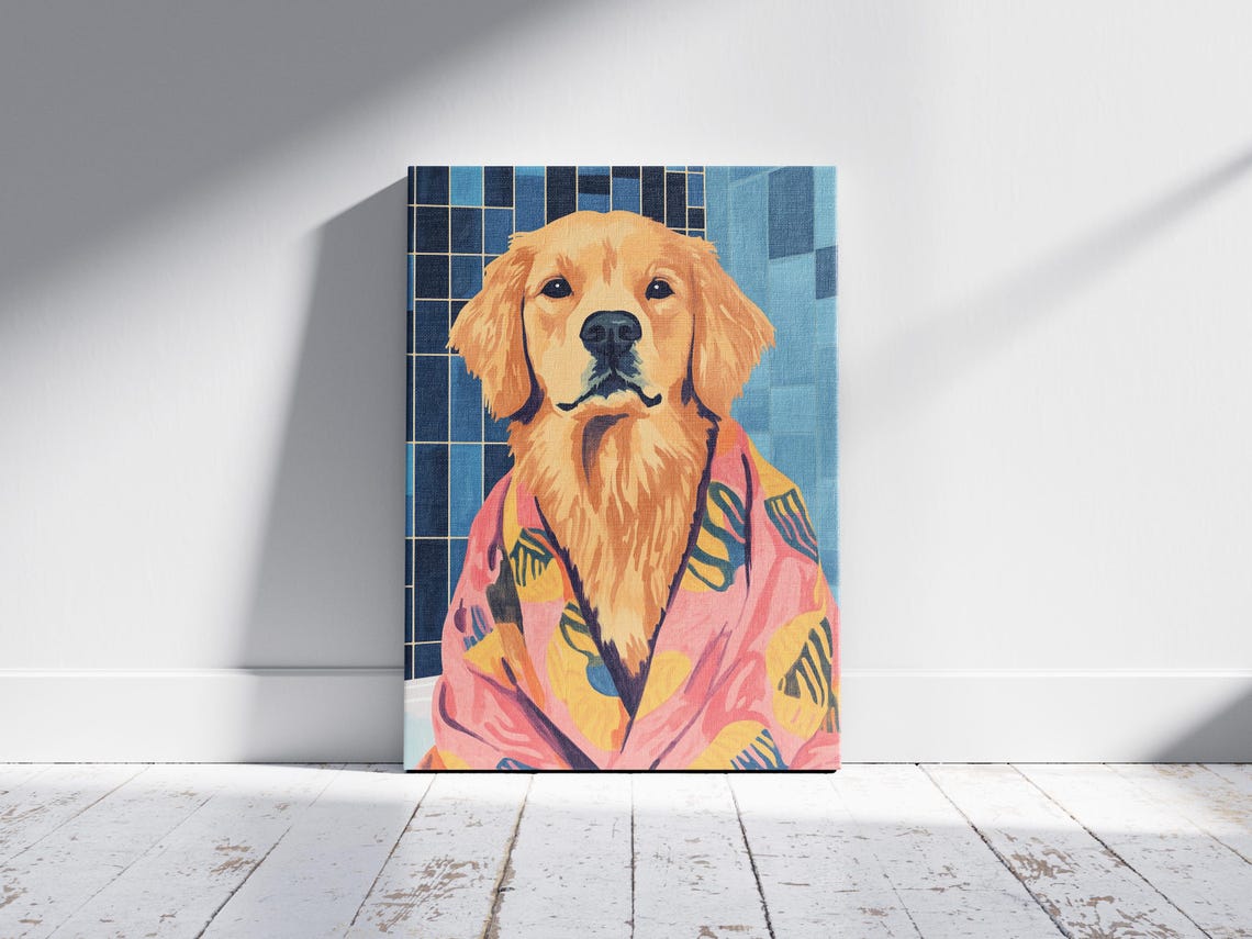 Golden Retriever Puppy in Floral Bathrobe Dark Blue Tile Art Poster - Image 2