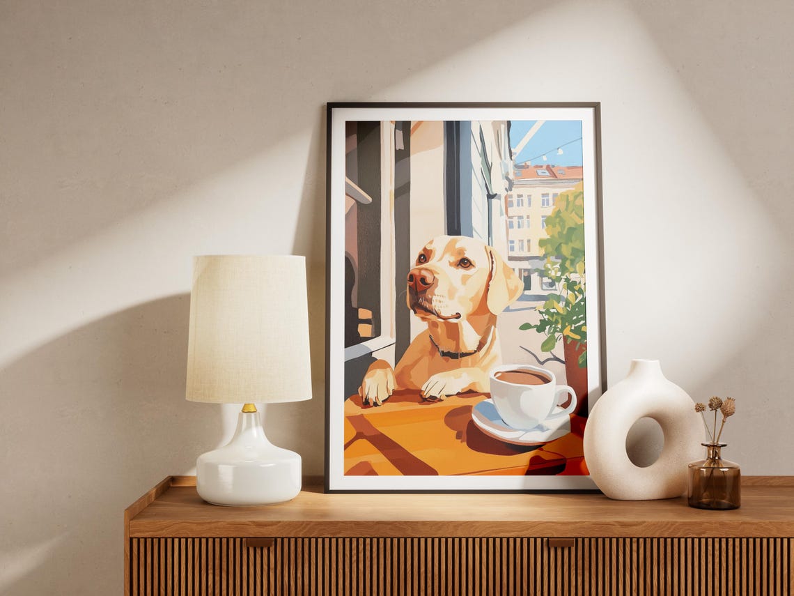 Golden Labrador Resting Its Paws on Cafe Table by Coffee Poster - Image 4