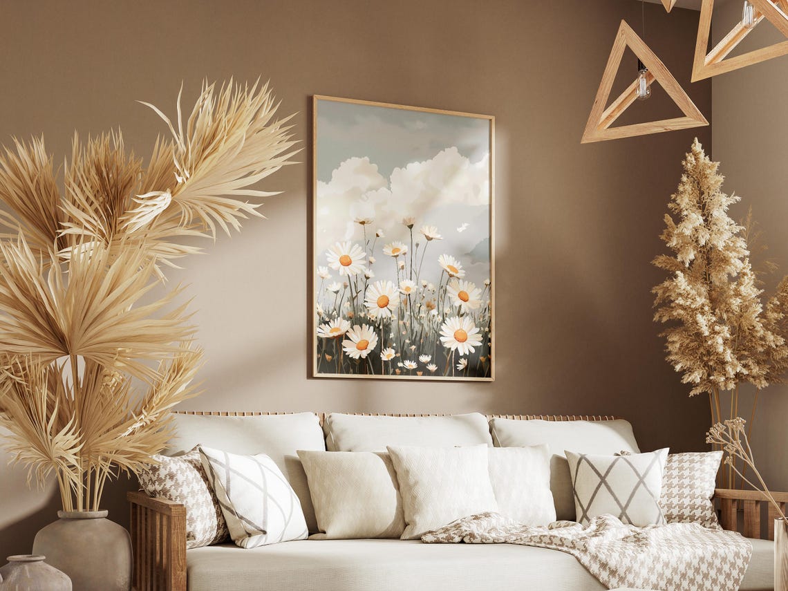 White Daisy Meadow Tall Stems Cloudy Sky Illustration Poster - Image 3