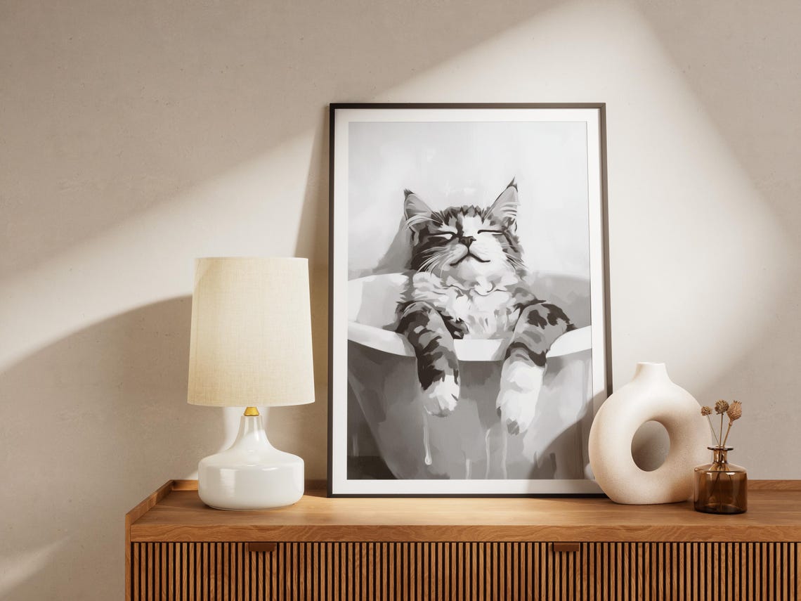 Bengal Cat Relaxing in Bathtub Black and White Cute Spa Decor Poster - Image 4