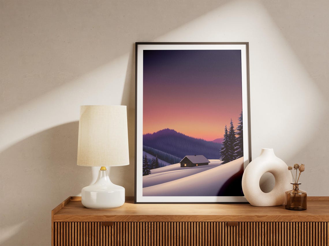 Cozy Glowing Winter Cabin Under Purple Sunset Snowy Hills Poster - Image 5