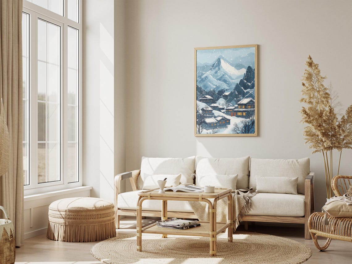 Snowy Mountain Village with Glowing Windows Winter Asian Art Poster - Image 4